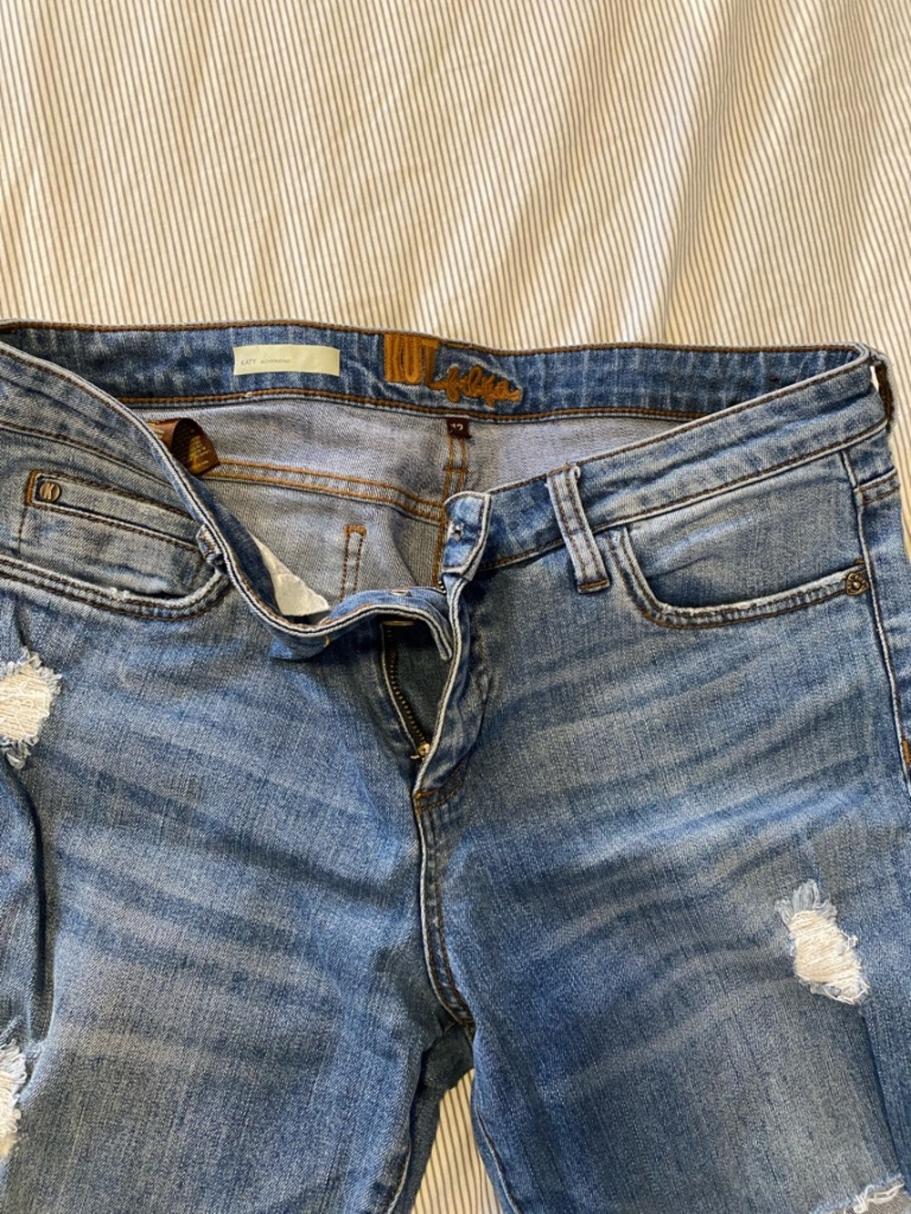 Kut from the Kloth Light Blue Distressed Boyfriend Jean Short 12 with stretch